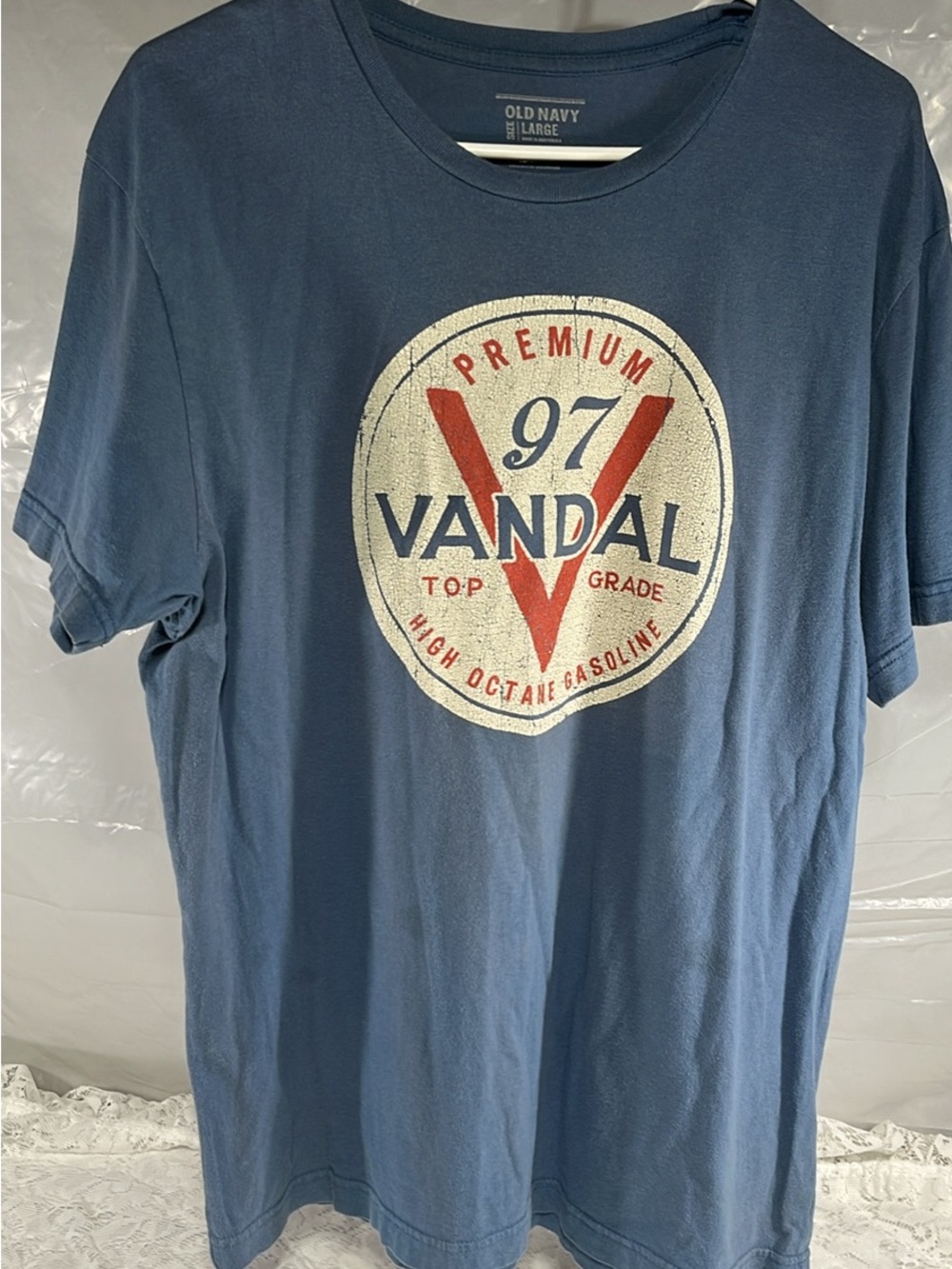 Old Navy Navy Blue Vandal 97 Graphic Tee with Cream & Red Logo